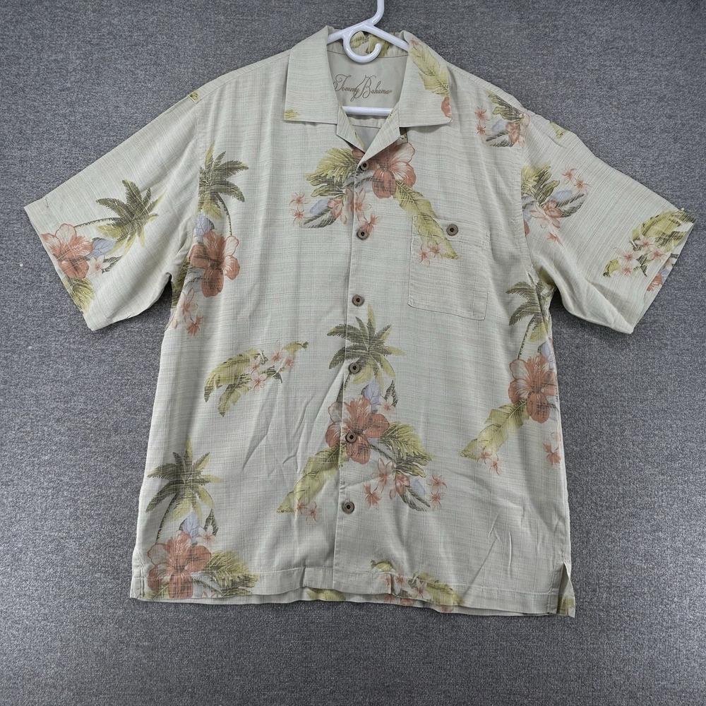 Tommy Bahama Hawaiian Shirt Men Size‎ Large Short Sleeve 100% Silk Beige Casual